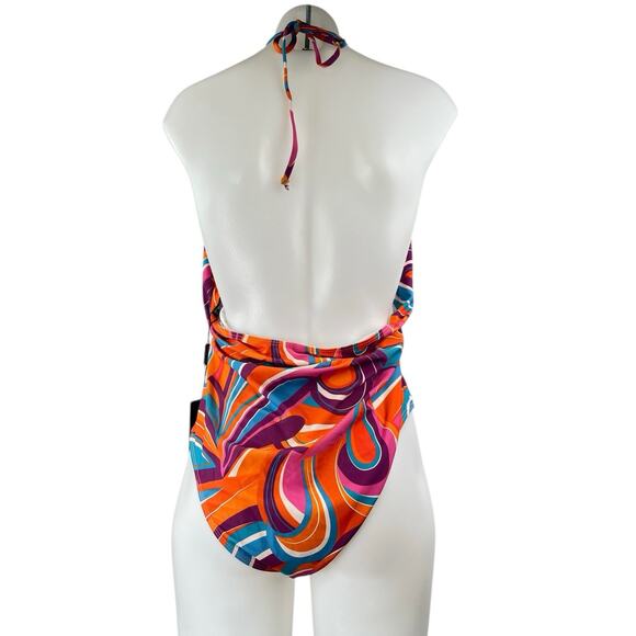 NEW PrettyLittleThing Multicolor Printed Ruched Scoop Neck One Piece Swimsuit 16 - Picture 2 of 5